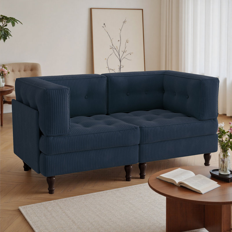 Upholstered Tufted Corduroy Modular Sofa with Pillow Back, Navy