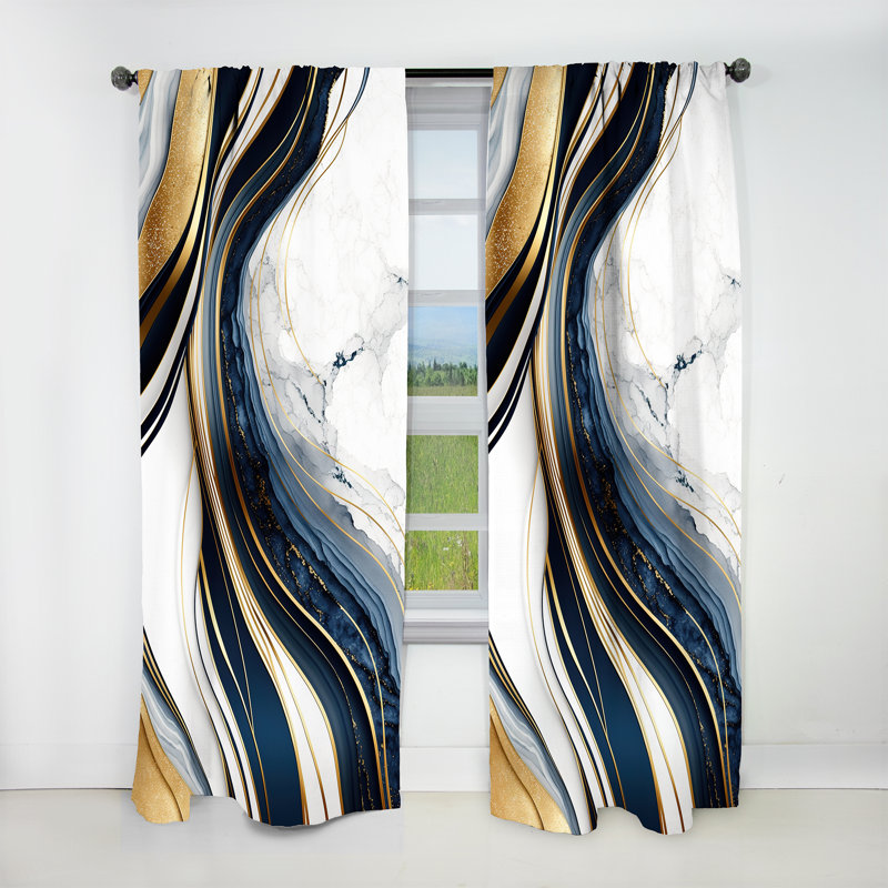 Abstrait géométrique vagues bleues et dorées III - Rideau abstrait occultant moderne - 1 panneau, L 52 po x L 90 po