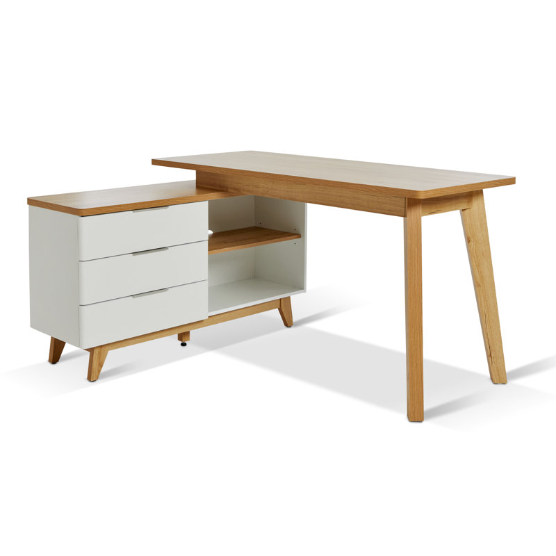 Bureau d'écriture en L 55,12 po avec armoire de rangement, Blanc mat/chêne