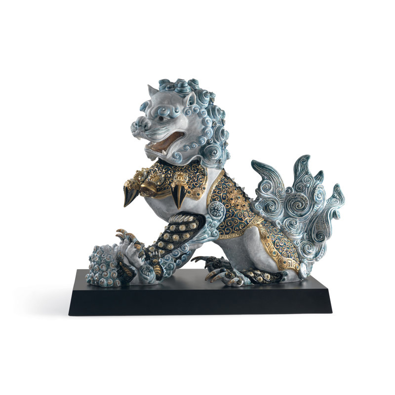 Guardian Lioness Sculpture, Blue/Gold