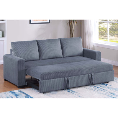Lit gigogne convertible en velours côtelé gris foncé, accoudoirs carrés, pieds en plastique, poignées pratiques, style contemporain pour salon, 216 cm de long, 81 cm de large, 84 cm de hauteur, Design Space.