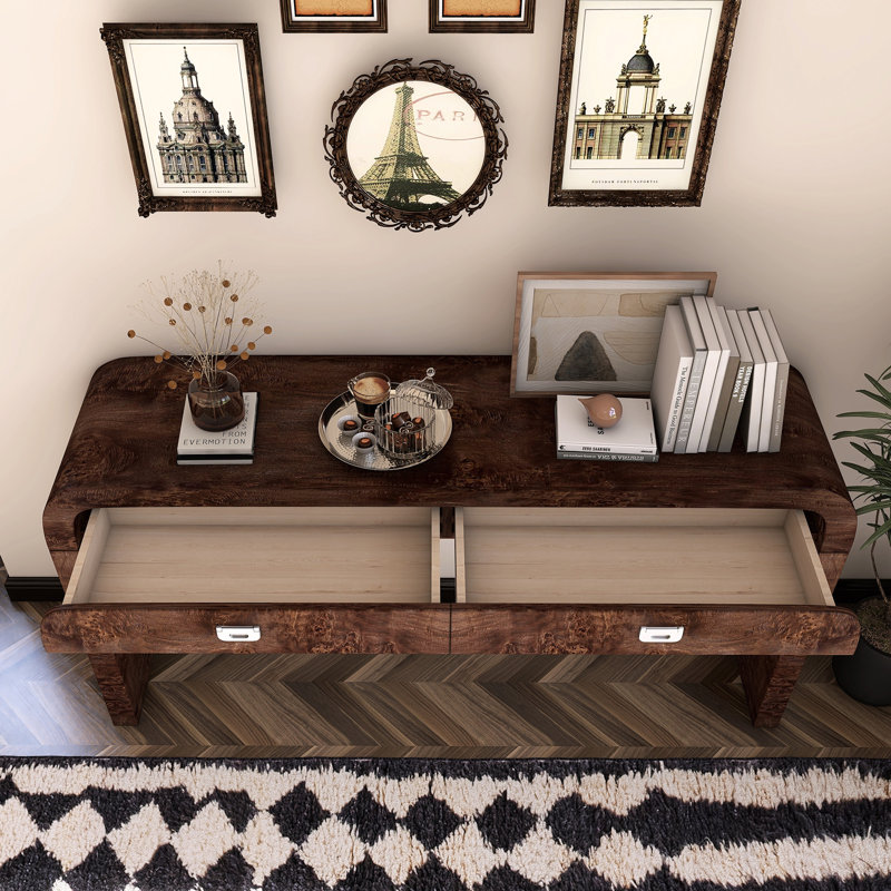 Wooden Entryway Table With Burl Veneer, Dark Brown