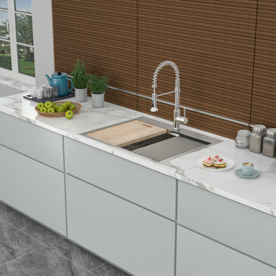 25 Inch Drop-In Kitchen Sink - Stainless Steel 18 Gauge. Workstation With Practical Functions. 25"X22"X9", Includes Drain Assembly, Bottom Rinse Grid. Brushed Nickel Finish 25"X22"X9" Functional