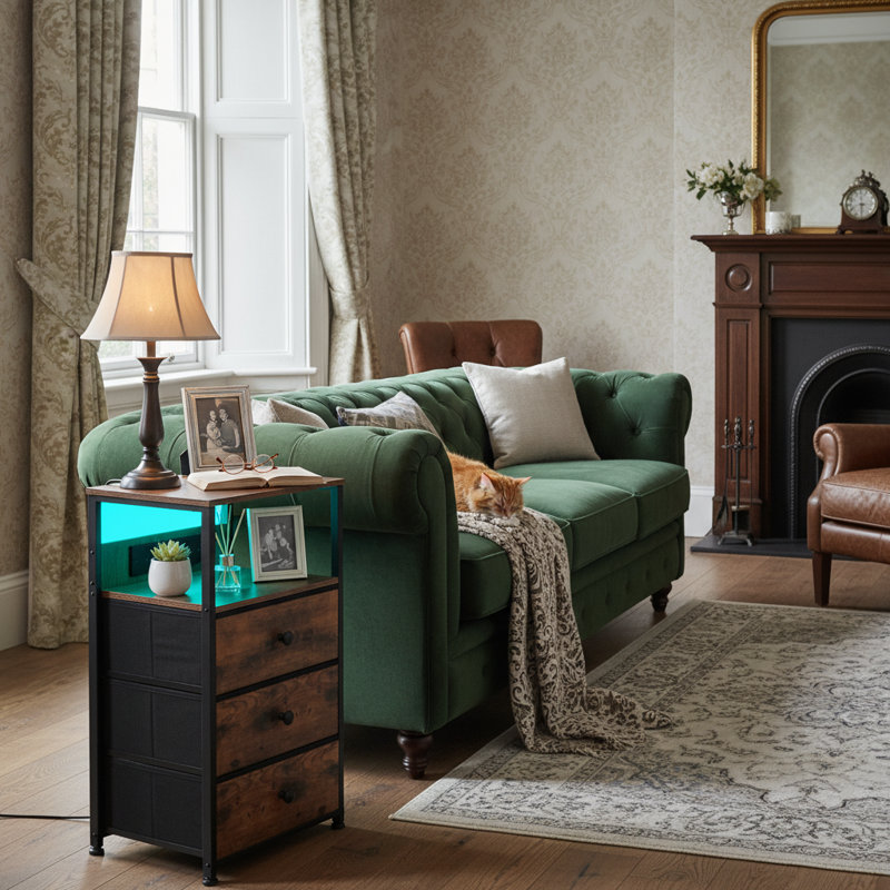 39cm W LED Bedside Table with 3 Drawers, AC Outlets and USB Ports, Rusctic Brown