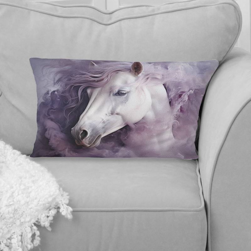 Coussin décoratif imprimé cheval mauve et blanc