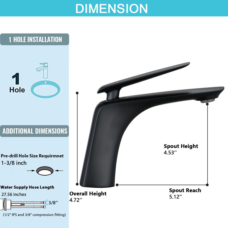Single-handle Bathroom Faucet with Drain Assembly, Matte Black