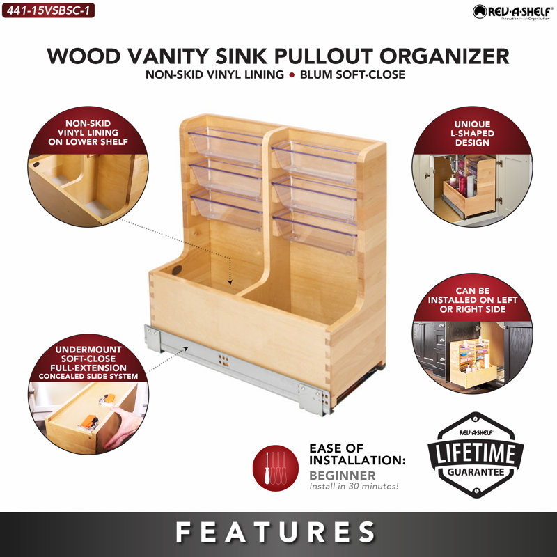 Maple Wood Under-Sink Cabinet Organizer with Chrome Rails and Soft-Close