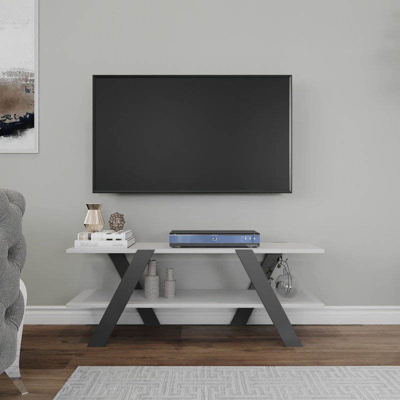 Meuble télé de style scandinave, blanc et gris, 47,2 po x 13,0 po x 11,8 po | 100% panneau de particules enduit de mélamine et cadre 100% métal, comprend de nombreuses tablettes et une option de fixation murale | Meuble audio-vidéo moderne