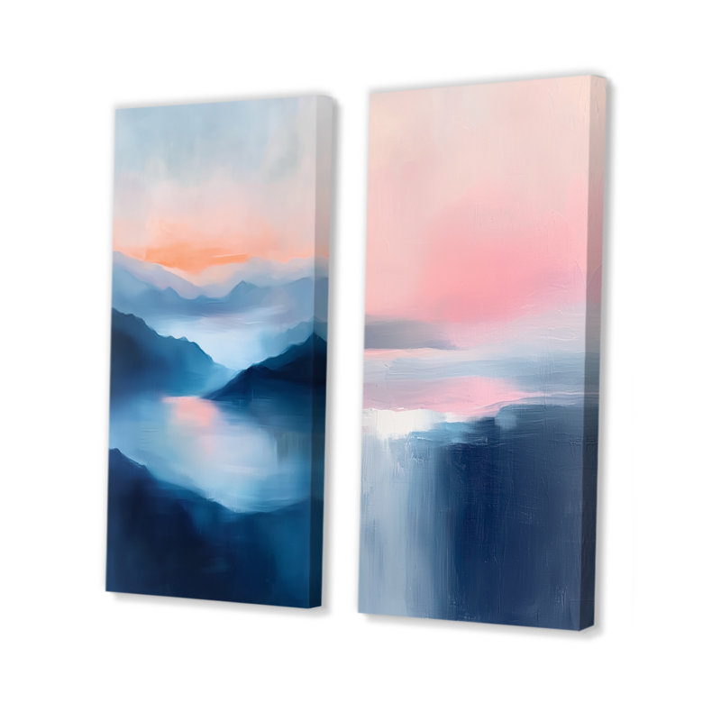 «Pink Mountain Mist At Dawn I - Minimalisme», ensemble d'art mural 2 pièces, H 28 po x l 24 po, Toile tendue
