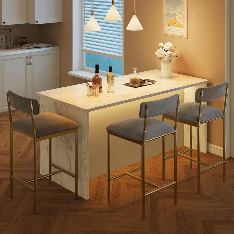 Ensemble de 4 tabourets de bar, tabourets de cuisine avec repose-pieds, tabourets de bar rembourrés en polyuréthane, chaises de bar avec dossier pour îlot de cuisine, doré