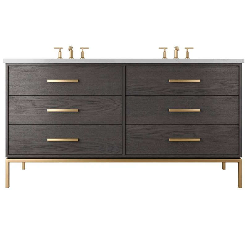 Rift White Oak Double Drawer Bath Vanity, 60", Gray Weathered, Satin Gold