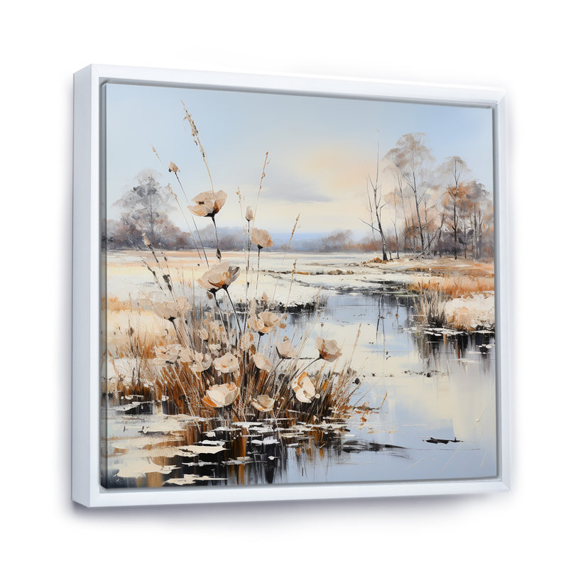 " River Meadow Charm In Winter ", White Floater Framed, 16" H x 16" W