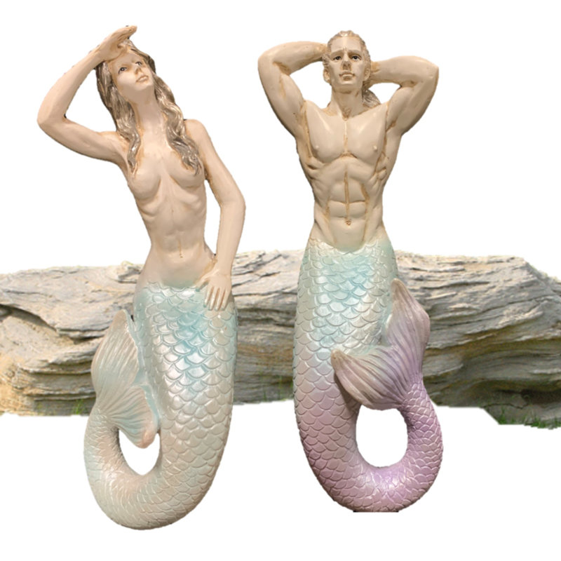 Ensemble de statue de jardin 2 pièces Life's a Beach Classic Mermaid and Merman, Blanc antique avec détails peints