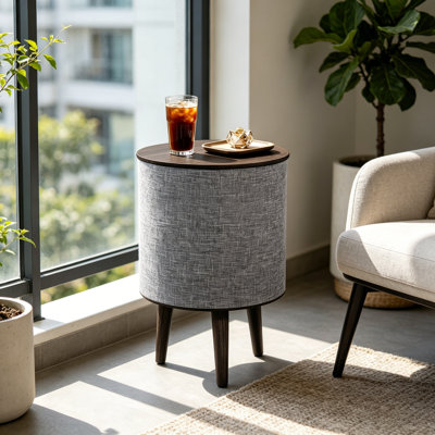 Smart End Table With Bluetooth Speaker & Wireless Charger, Black Wood & Linen, Built-In Battery