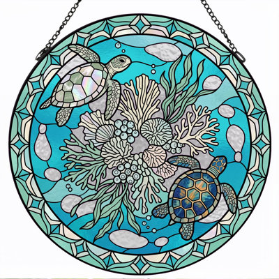 Sea Turtle Stained Glass Window Panel，7.8H