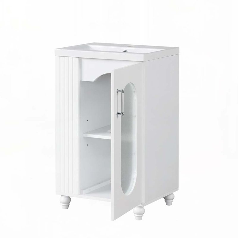 Meuble-lavabo de salle de bain avec lavabo en céramique, tablette à deux niveaux et tablette réglable, Blanc