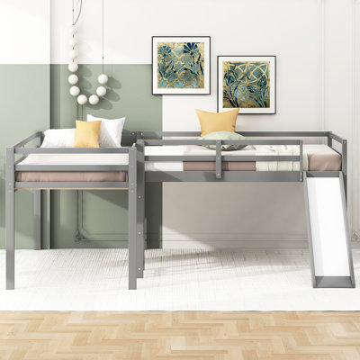 L-Shaped Twin Loft Bed With Slide And , Gray - Save Space Add Joy To Bedtime Create A Tranquil Bedroom