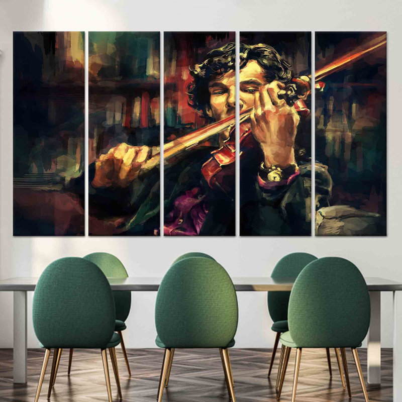 Élégante toile abstraite violon, impression murale moderne, toile tendue 5P, H: 59,1 po x l: 98,4 po