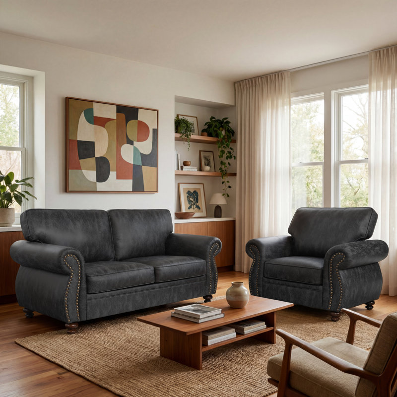 2-Piece Rolled Arm Fabric Sofa Set, Grey