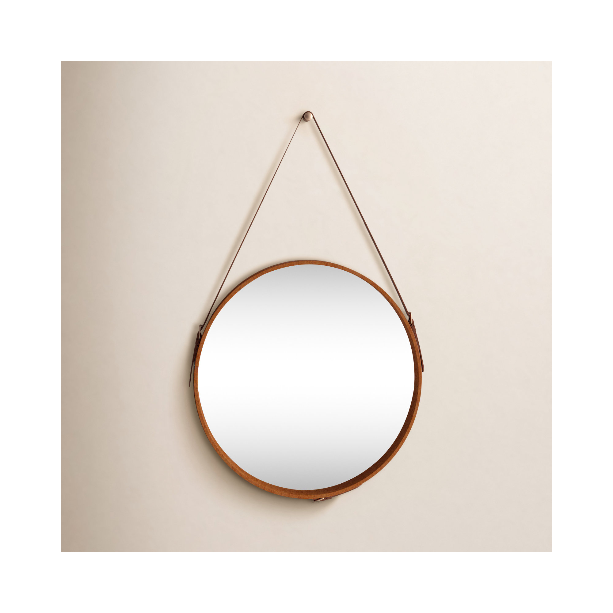 Leather Strap Hanging Wood Wall Mirror, 26" x 26"