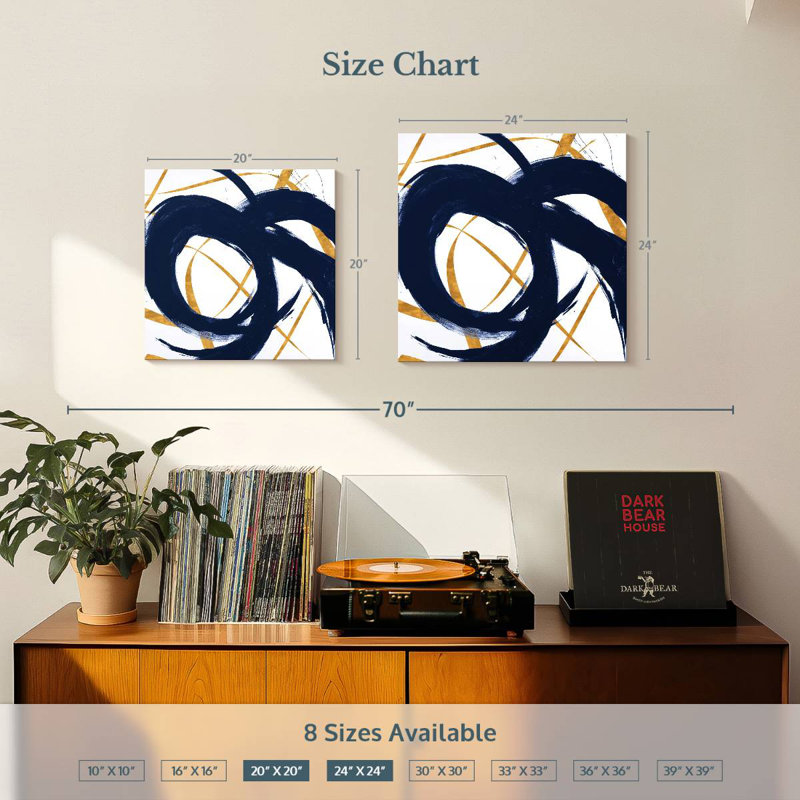 Bleu marine avec coups d'or II, H 24 po x l 24 po