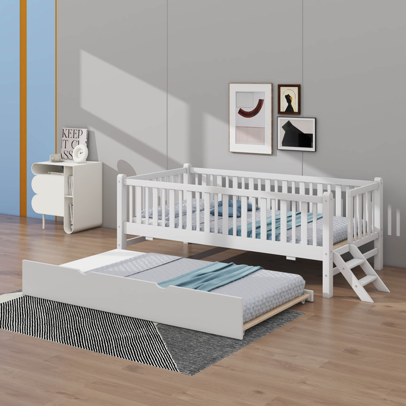 Lit plateforme simple avec garde-corps et lit gigogne, Blanc