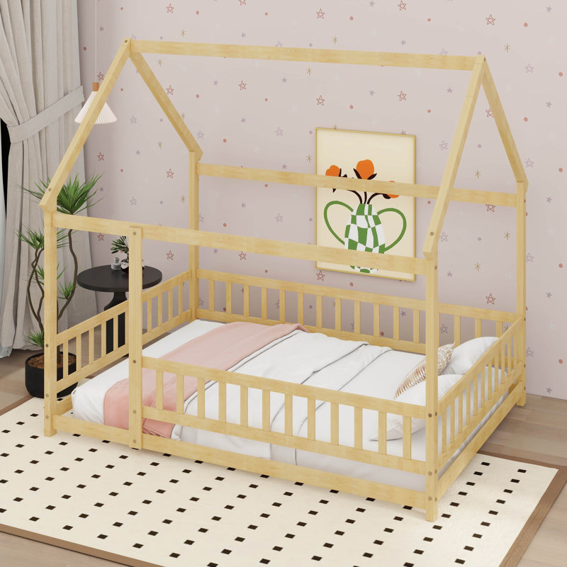 Lit double en bois pleine grandeur avec structure de toit, Natural
