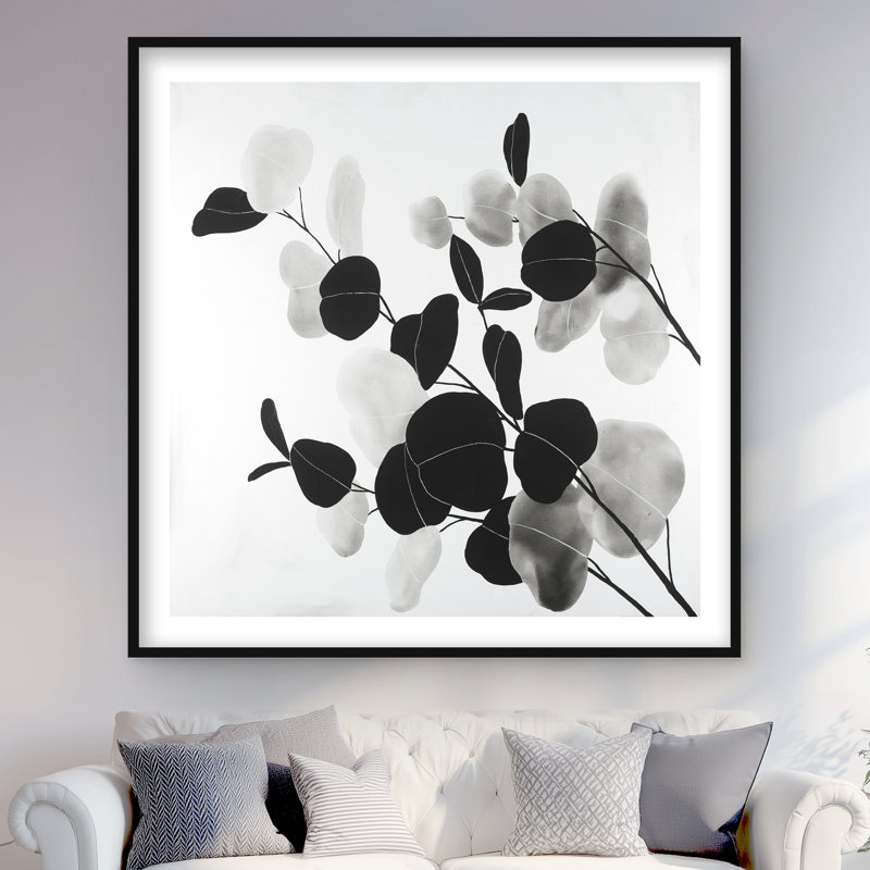Branches en niveaux de gris avec feuilles - reproduction encadrée monochrome, H 48 po x l 48 po, Noir