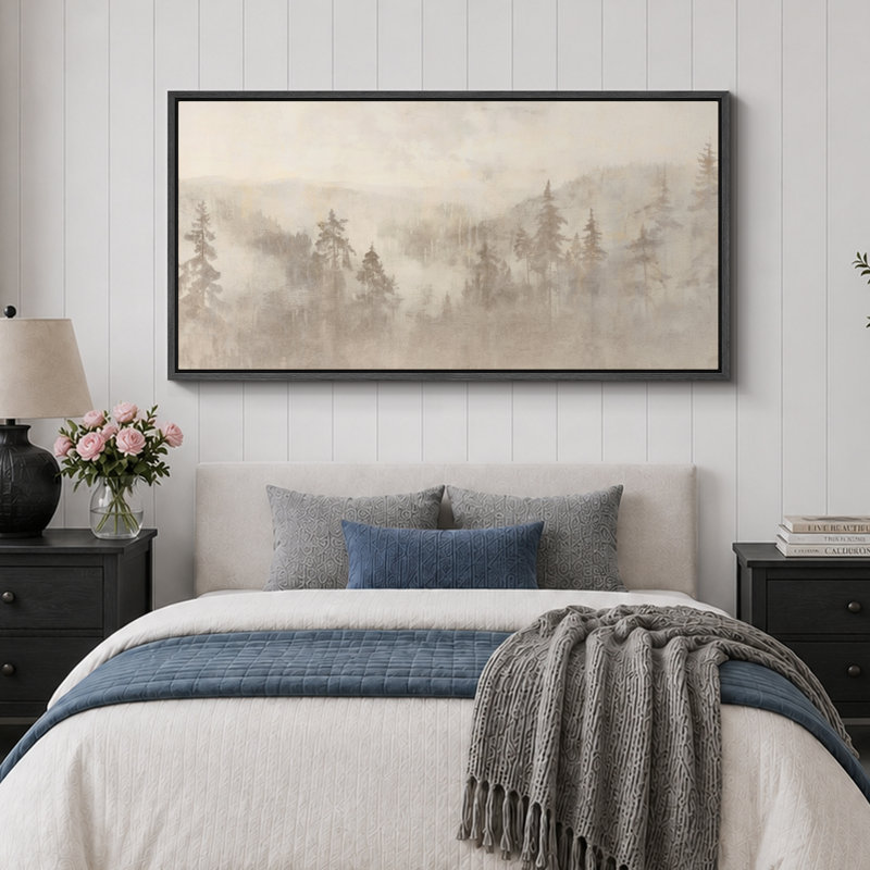 «Woodland Forest Landscape Misty Forest Soft Neutral Landscape Illustration Modern Large Large Canvas Art, art mural»