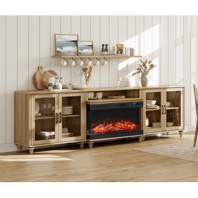 Buffet avec 4 portes en verre, grain de bois rétro, armoire avec foyer électrique de 36 po, rangement pour bar à café, chêne, 105 po
