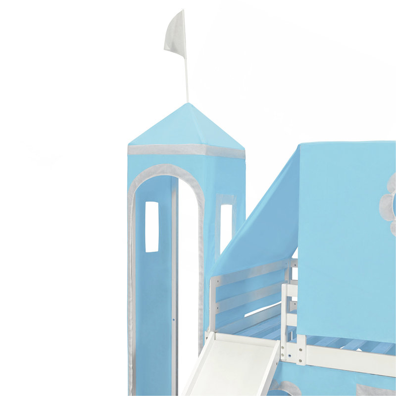 Lit mezzanine simple avec glissoire, tente et tour - bleu