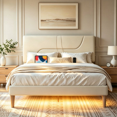  LED Lights  Upholstered Bed Frame Headboard With Charging Station And USB Port, Wood Platform Bed Frame Support,No Box Spring Needed