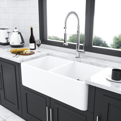 White Ceramic Kitchen Sink 33" - Double Bowl 50/50 Highly , Heatproof, Scratchproof, Chipping , Discoloration-, Mesmerizing Farm 33 Inch For Strong And , Heat Scratch Chip Colorfast, Elegant Style