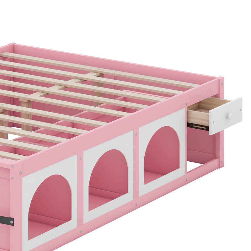 Cadre de lit en bois avec bibliothèque, vitrine, lumière DEL et tiroir, Grand lit, Rose/Blanc