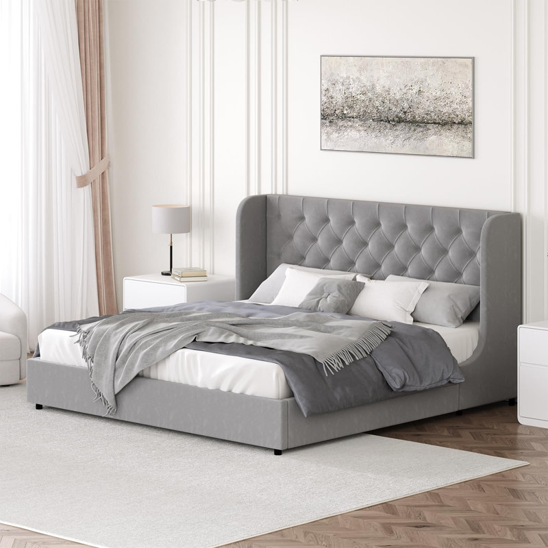 Lit plateforme tapissier avec velours courbé à oreilles et table de chevet à cadre ouvert en bois, table d'appoint de style champêtre pour chambre à coucher et salon