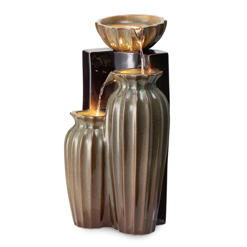 26.75"H 3-Tiered Reactive Glaze Fluted Textured Ceramic Outdoor Floor Fountain With Pump And LED Light (KD), Green