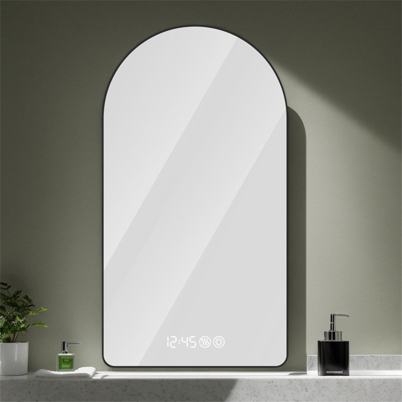 Miroir de salle de bain 28 po x 48 po à DEL arqué avec cadre noir, affichage de l'heure et de la température, rétroéclairé, antibuée, éclairage 3 couleurs à intensité variable, verre antidéflagrant