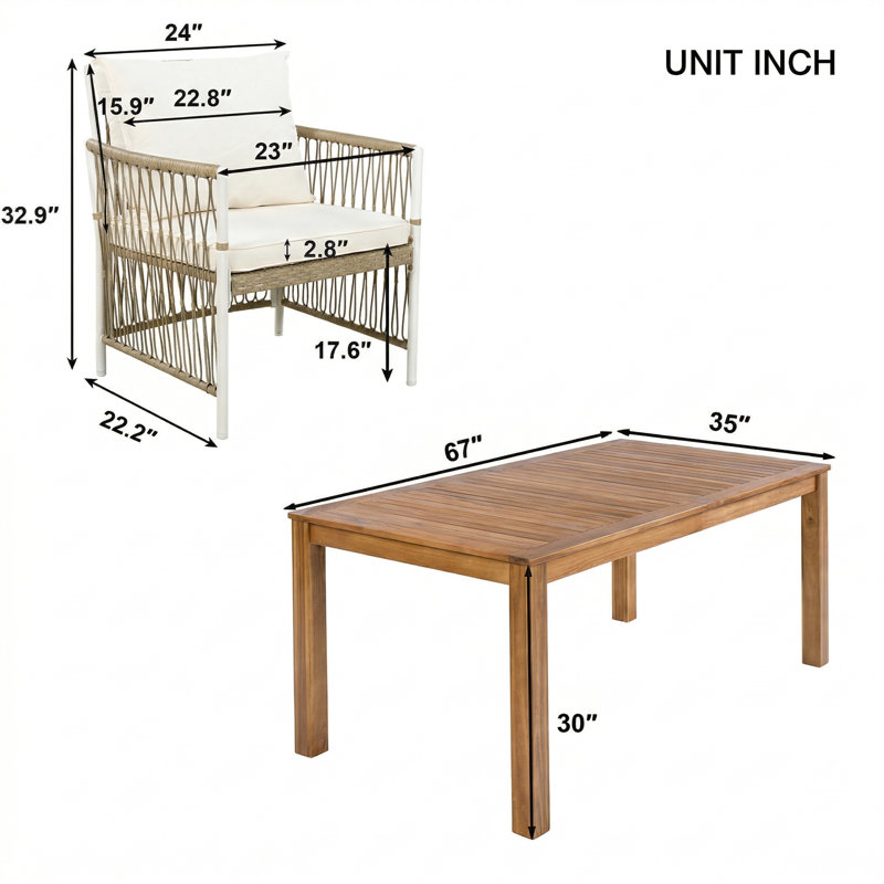 Ensemble de salle à manger en bois 67 po, table rectangulaire avec 6 fauteuils en rotin pour piscine, jardin et jardin