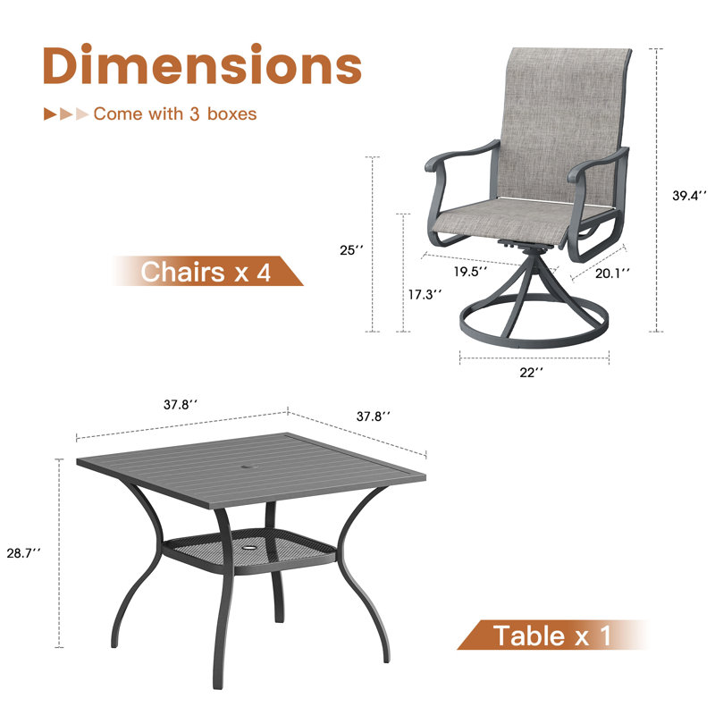 4-Person Patio Dining Set with Square Dining Table with Umbrella Hole and PVC-coated polyester Swivel Chairs, Gray/Gray