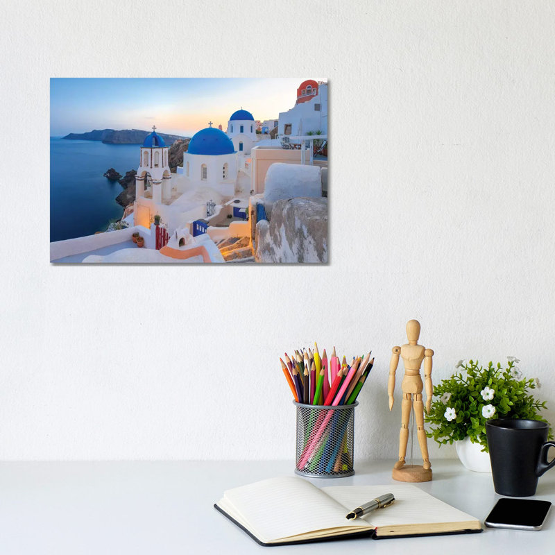Greece, Santorini, Oia. Sunset On Coastal Town. by Jaynes Gallery - Wrapped Canvas Print, 20.32cm H x 30.48cm W x 1.905cm D