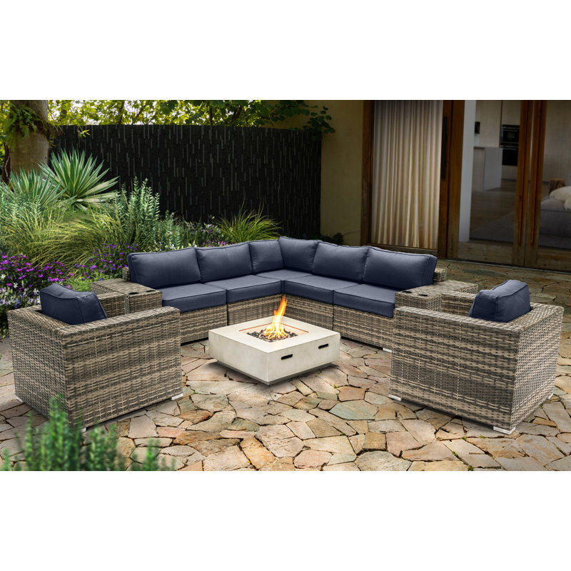 Ensemble de conversation pour 6 personnes avec foyer et coussins Sunbrella Lsi, Bleu marine Sunbrella