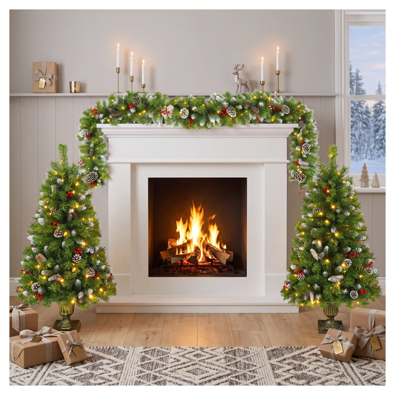 Ensemble de décoration d'arbre de Noël artificiel pré-éclairé et guirlande avec lumières DEL blanc chaud, feuillage de vinyle vert
