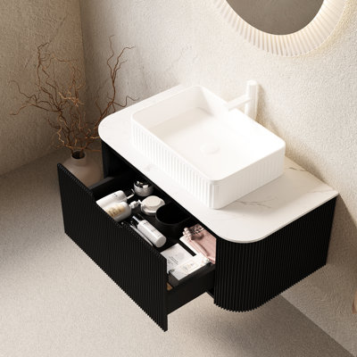 Meuble-lavabo moderne de 36 po avec armoire à rayures 3D noire, lavabo en céramique blanche, rangement spacieux, lavabo mural pré-assemblé, conception, glissières de tiroir à fermeture en douceur, installation facile