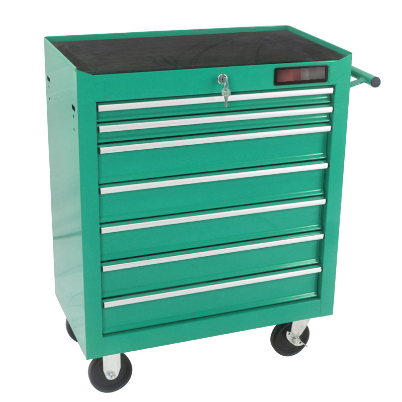 Chariot à outils 7 tiroirs avec roues, verrouillable, glissière à roulement de capacité de 15 kg, caractéristique évidente en acier laminé à froid, thermolaqué, atelier verrouillable à 4 freins et 2 roues