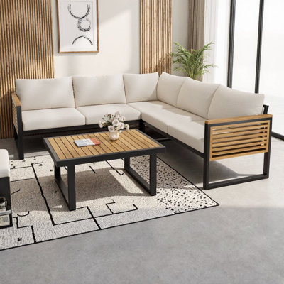 Ensemble de coin de canapé d'extérieur 4 pièces en bois d'acacia et métal | Canapé modulaire en L modulaire avec canapés gauche et droit, unité d'angle et table basse | Sièges de style industriel pour patio, terrasse ou jardin