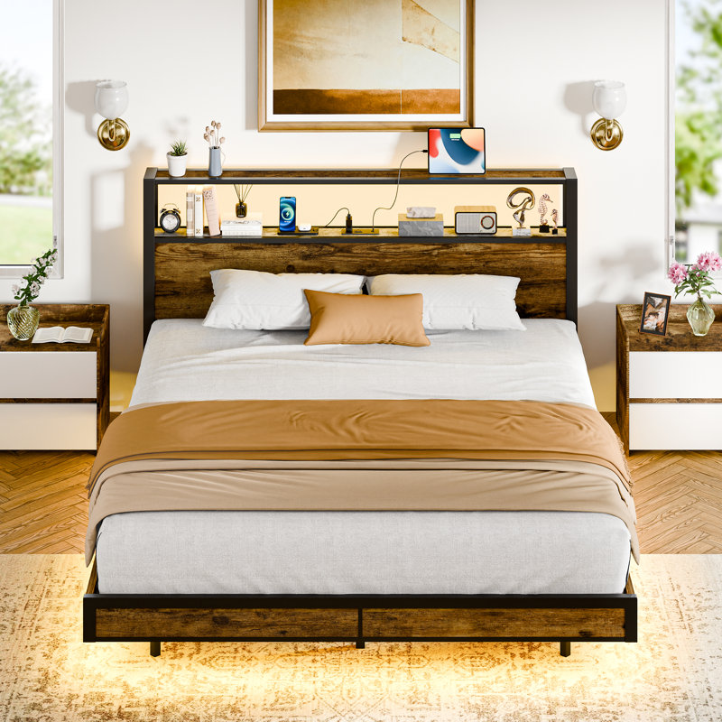 Bed Frame With Led Lights, Industrial Platform Bed With Charging Station, Queen