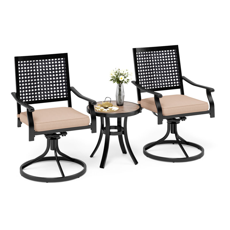 Ensemble repas d'extérieur 3 pièces Leonard avec 2 chaises pivotantes en acier, coussins et 1 table bistro pour l'extérieur