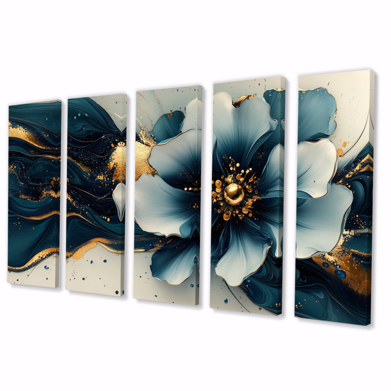 «Golden Arrangement Daisies Ink II» - art mural marguerites - art mural traditionnel pour le salon, H 32 po x l 80 po, 5