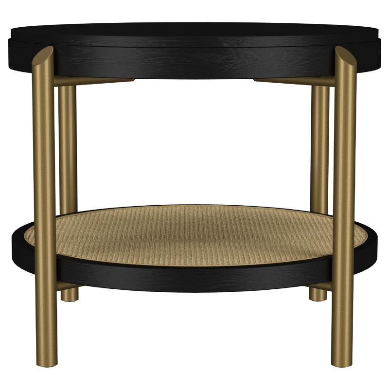 Fij Side End Table With Rattan Shelf, Brass Metal, Black Wood 26 Inch, Black/Brown