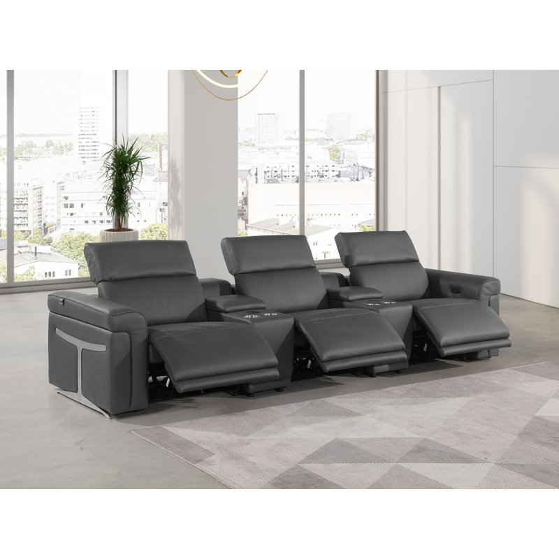 Canapé inclinable 5 pièces en cuir italien avec repose-tête électrique 5 pièces, Dark Gray